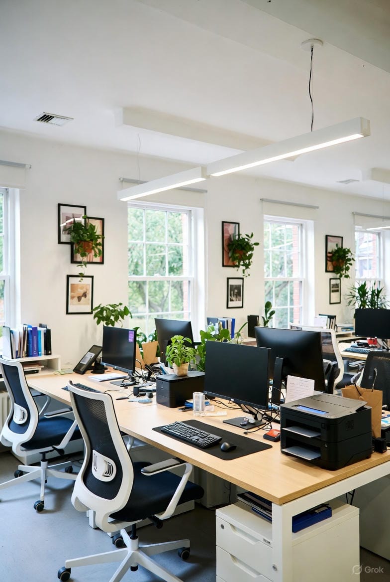 Et lyst og moderne åbent kontorlokale med arbejdsstationer udstyret med computere, skærme, tastaturer og printere.