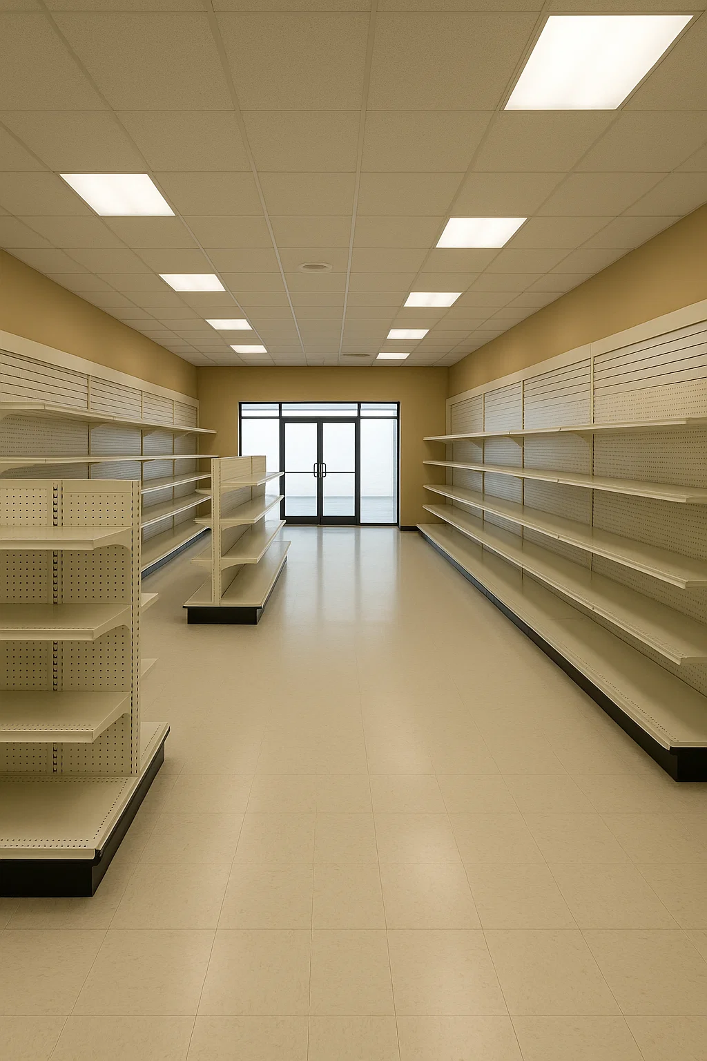 Et tomt butikslokale med indbyggede væghylder og fritstående reoler. Lokalet har lyst linoleumsgulv, nedhængt loft med LED-belysning og en stor glasdør med adgang udefra.